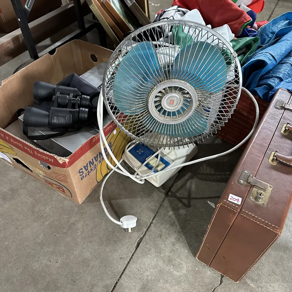 Fan, binoculars, suitcase and box lot Image 1++