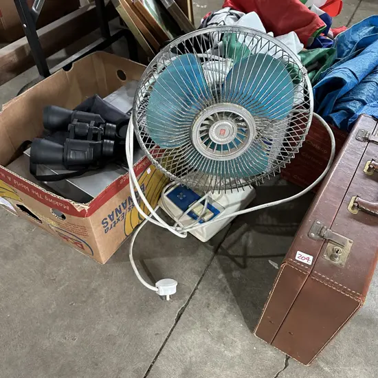 Fan, binoculars, suitcase and box lot