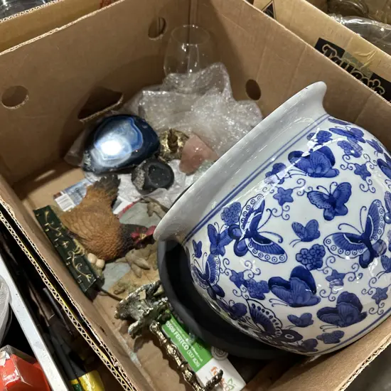 large planter and crystals etc