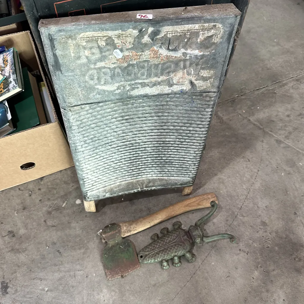 Wash board, early axe and gumboot puller Image 1++