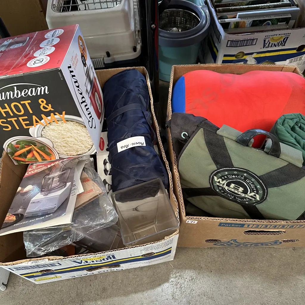 2 box Kitchen wiz, wine glasses, rice cooker , sleeping bags Image 1++