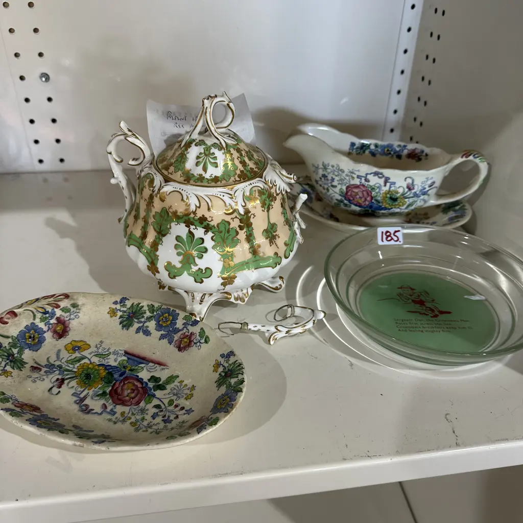 Masons, Glass advertising bowl and repaired pot Image 1++
