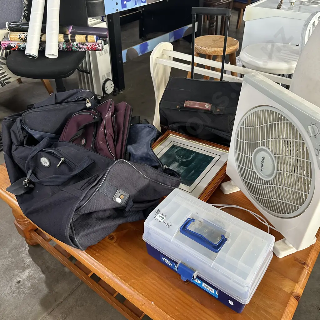 Tackle box,fan,bags,suitecase and picture Image 1++
