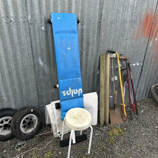 stool, tarp, bench