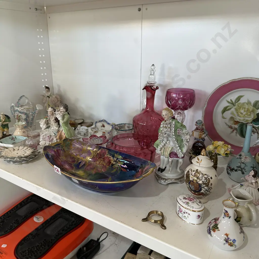 Shelf of collectables inc Cranberry glass Image 1++
