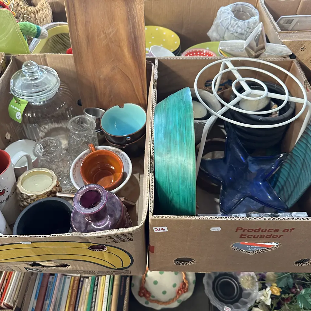 Two boxes,glass jar,planters,candles etc Image 1++
