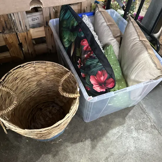bin of cushions and basket