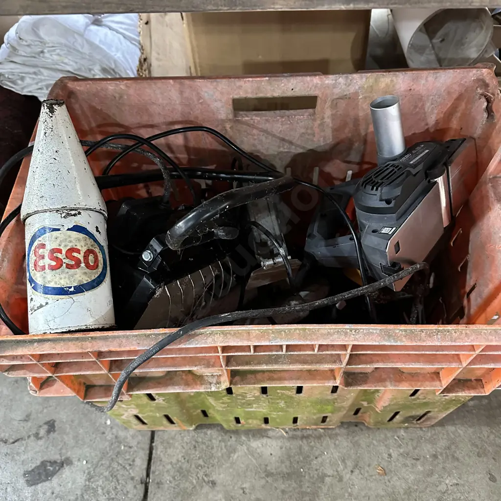 Bin of power tools,workshop light and esso oil pourer Image 1++