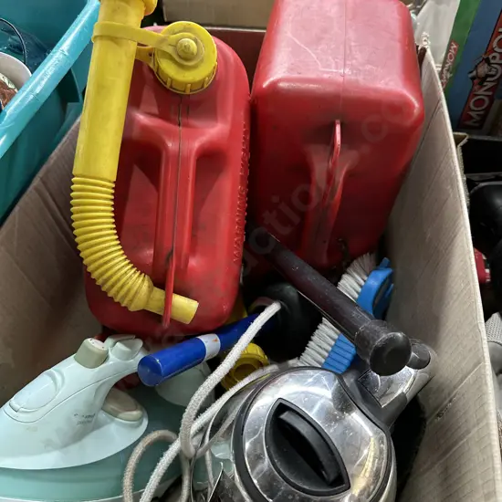 Box lot including 2 petrol cans
