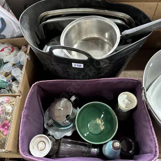 Two bins assorted,pots etc