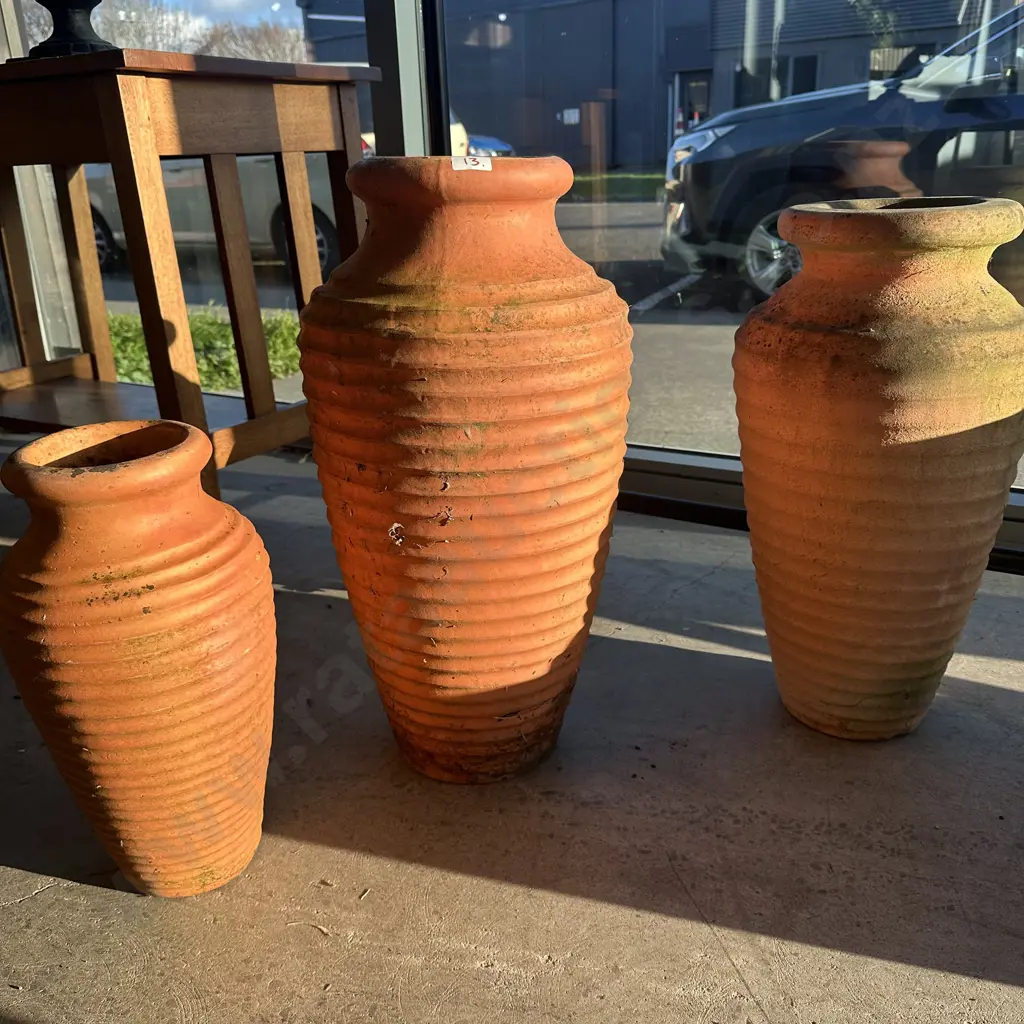 3 ribbed terracotta planters good patina 43cm to 63cm Image 1++