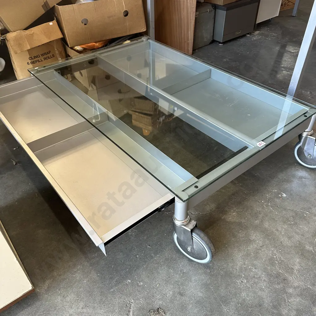 Industrial style mobile coffee table with pull out magazine drawers Image 1++