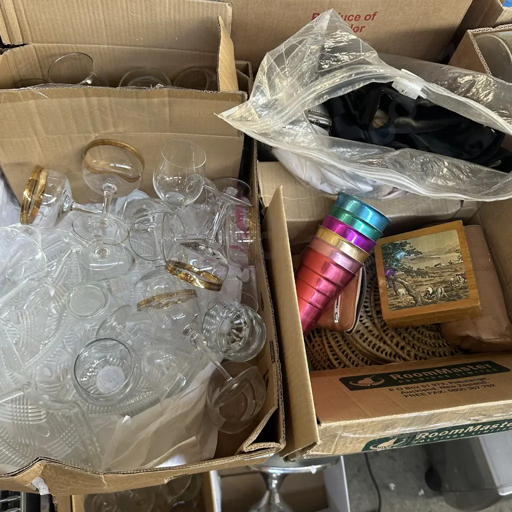 2 box of vintage beakers, glassware, clothes Image 1++