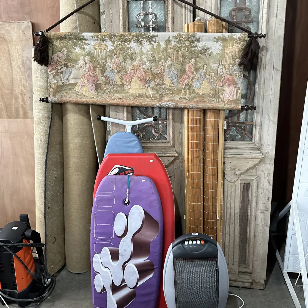 Heater,2 boogie boards and ironing board,wall hanging and Pr blinds Image 1++