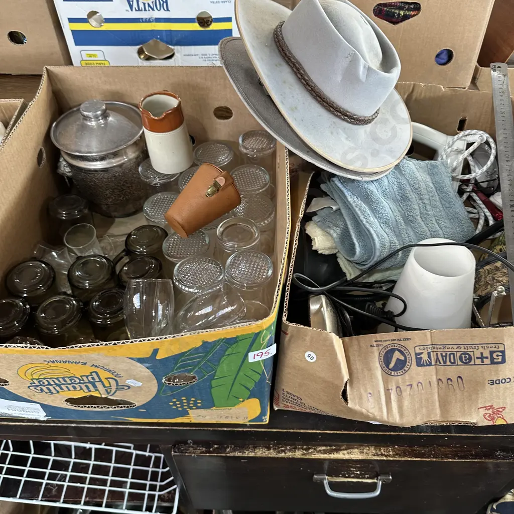 2 boxes, hats, lamps, glassware etc Image 1++
