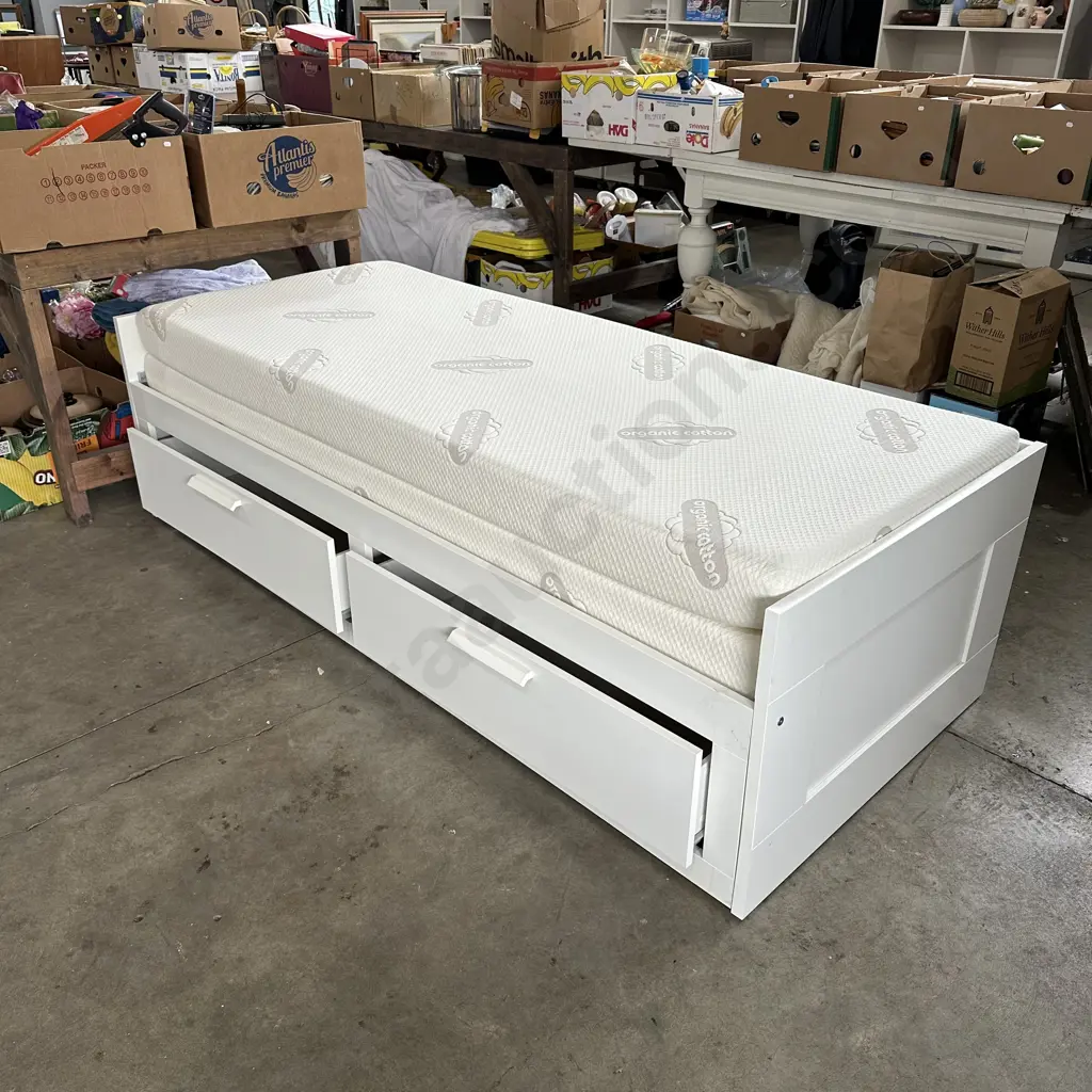 Ikea Brimnes single/queen bed with lumo organic cotton mattressess and two drawers Image 1++