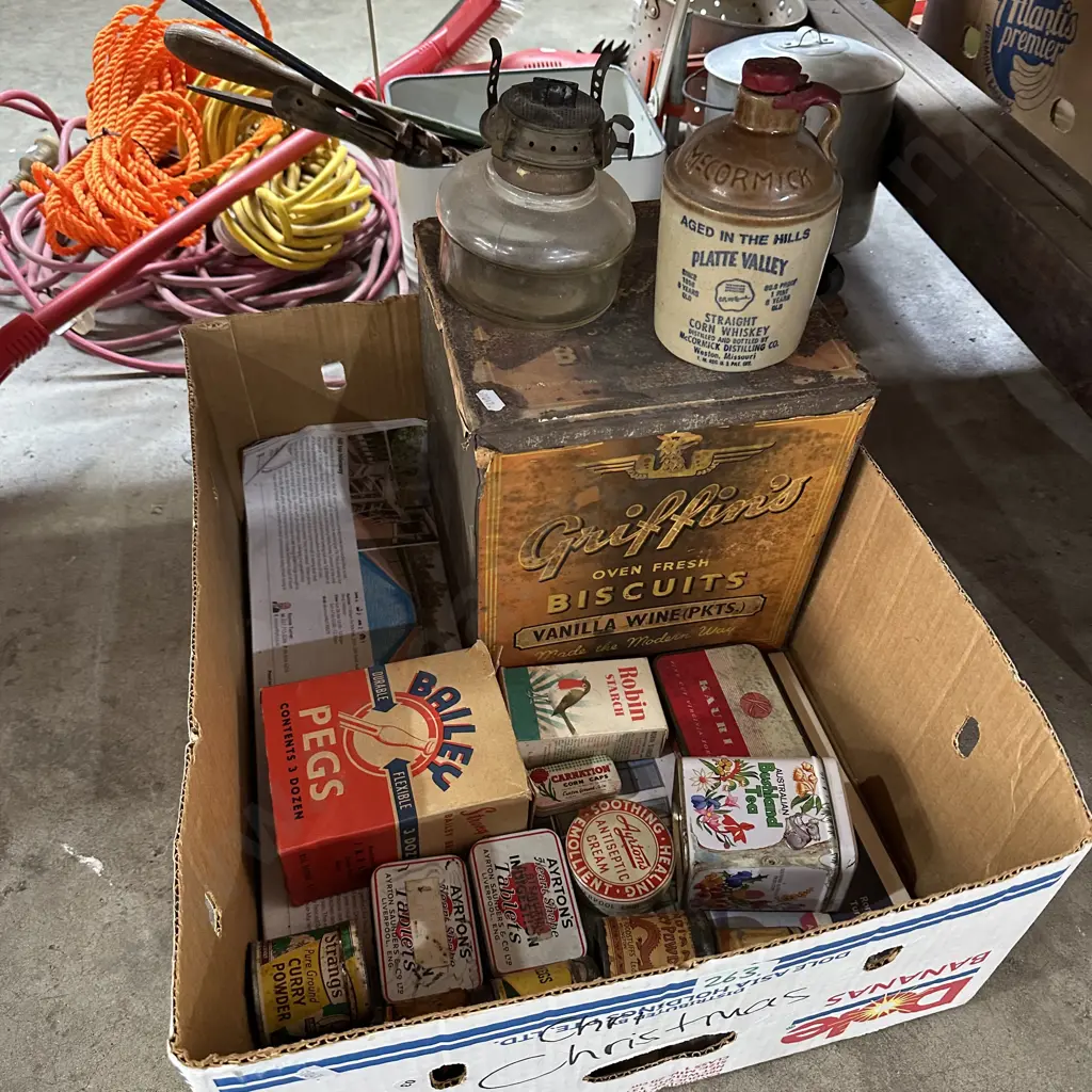 Collectable tins,small crock and lamp base Image 1++