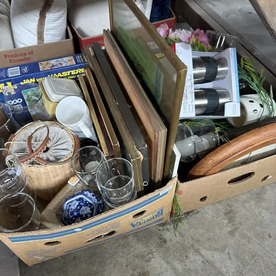 2 Boxes frames and Rimu clock etc