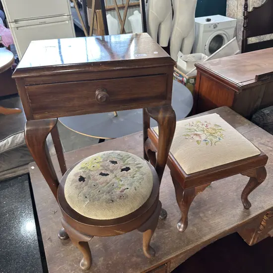 Side drawer and 2 tapestry foot stools