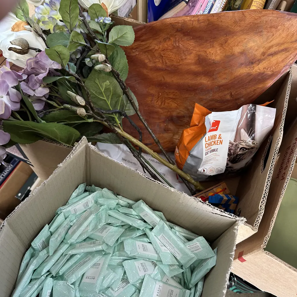 2 Boxes Soaps,wooden tray, artificial flowers and cat biscuits etc Image 1++