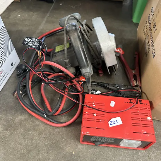 Skill saw,battery charger and jumper leads