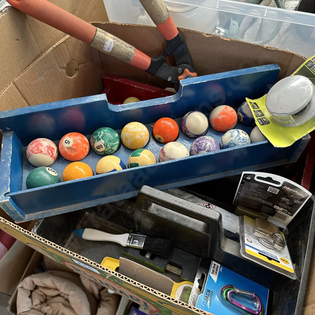 Box of snooker/pool balls,new padlocks,tools and carry case etc Image 1++