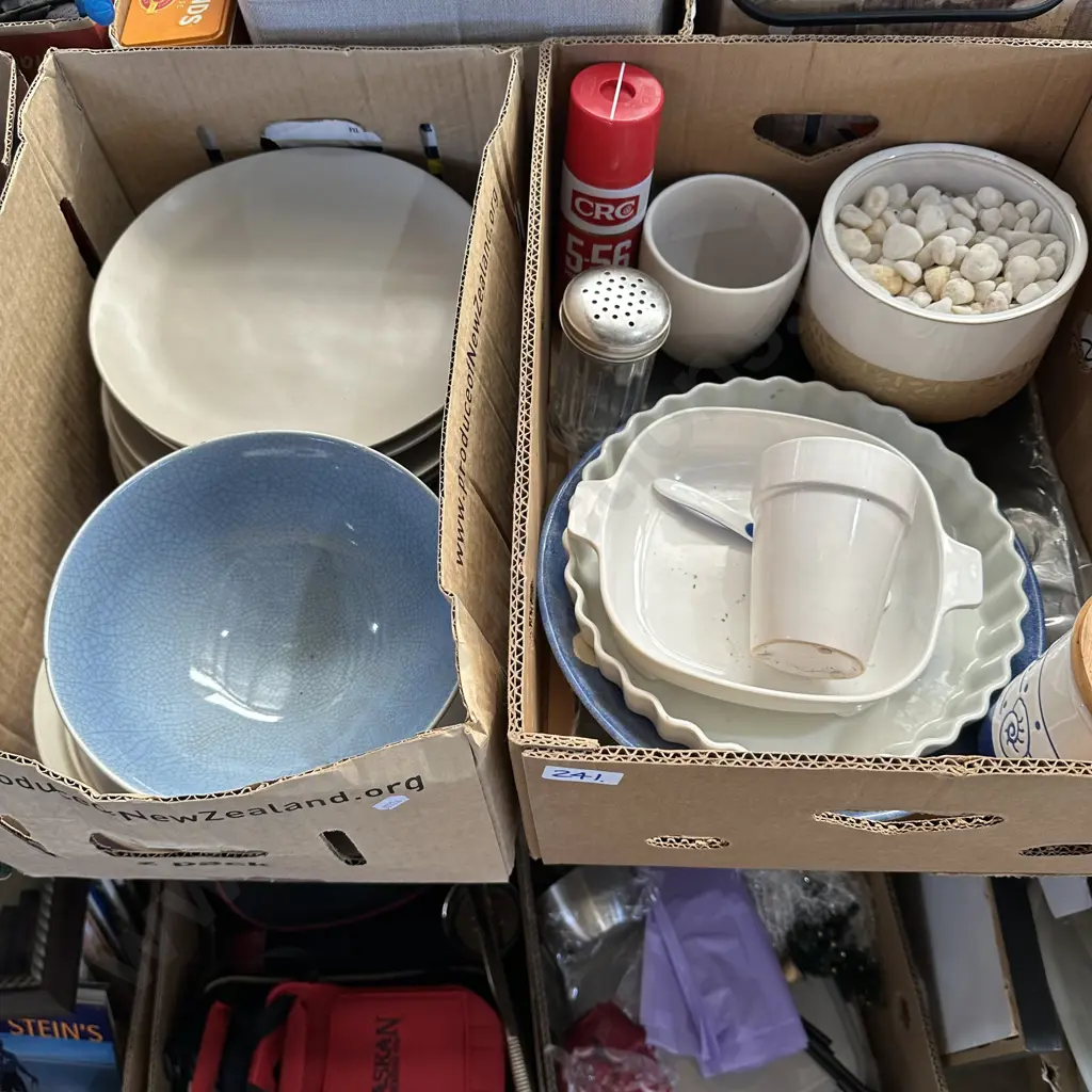 2 Boxes dinnerware,bakeware,planters and full can of CRC Image 1++