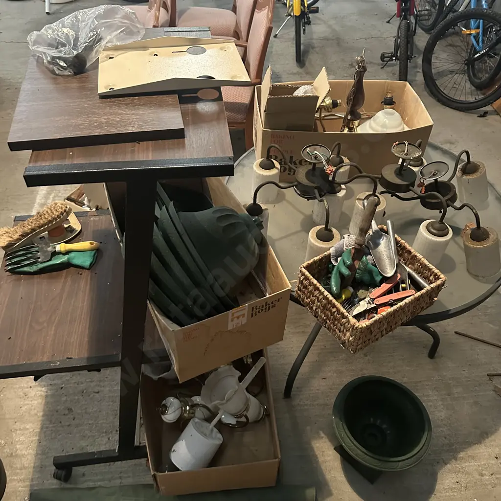 vintage light fittings, outdoor table, desk, plastic planters etc Image 1++