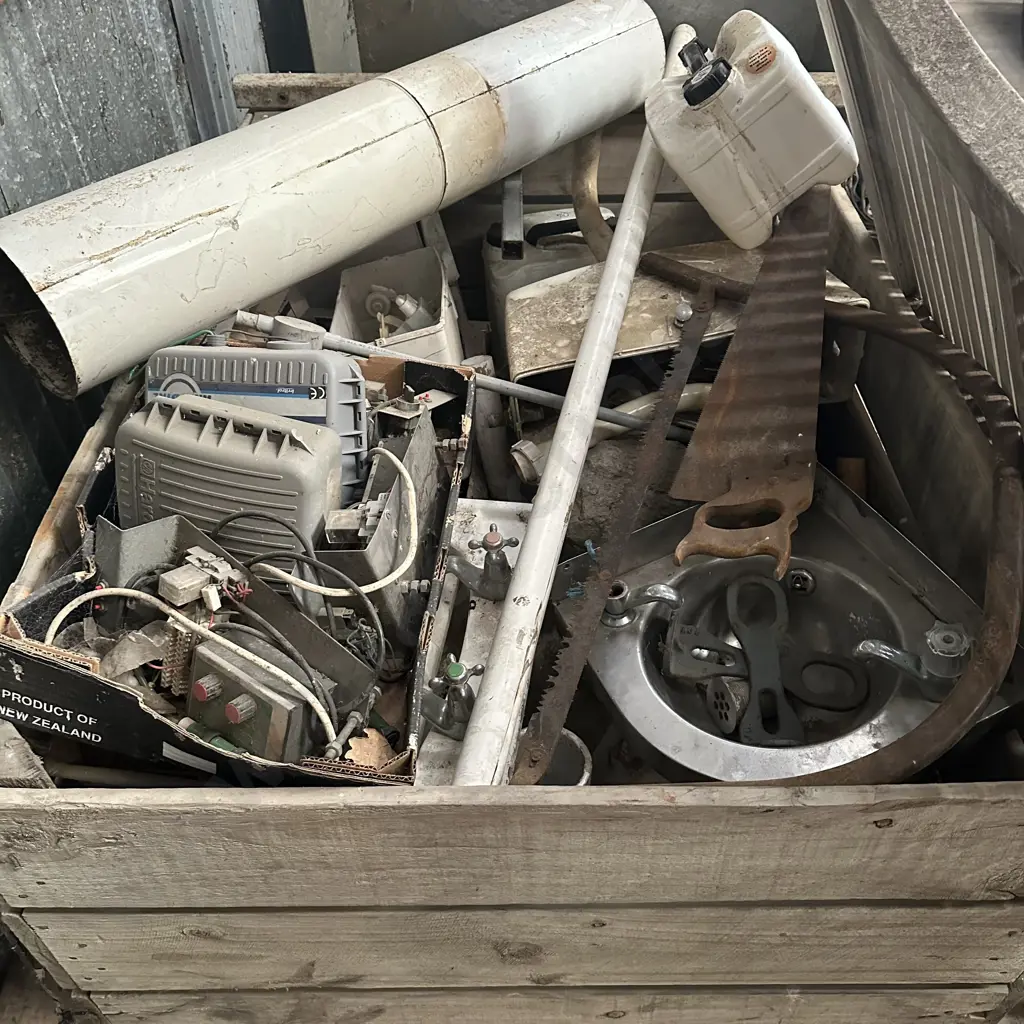 bin lot inc stainless sink, antique bow saw etc Image 1++