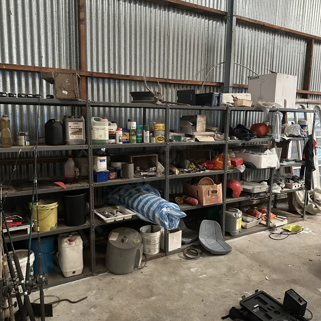 large steel shelf unit and contents Image 1++