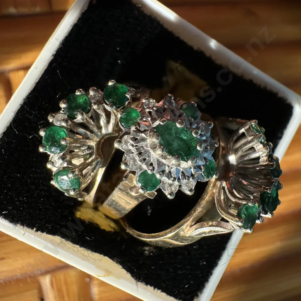 Trio 9ct Gold rings with 27 stone Emerald & Diamond cluster Image 1++