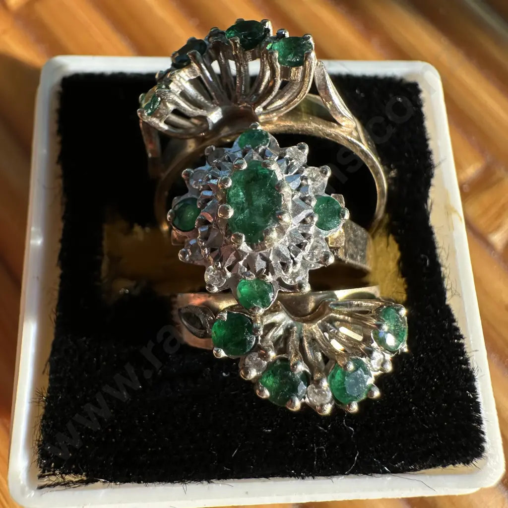 Trio 9ct Gold rings with 27 stone Emerald & Diamond cluster Image 1++