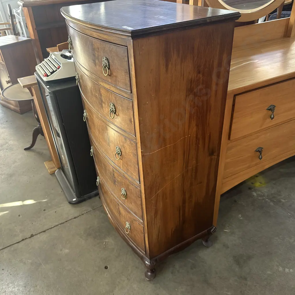 Walnut bow front chest with Burr drawers Image 1++