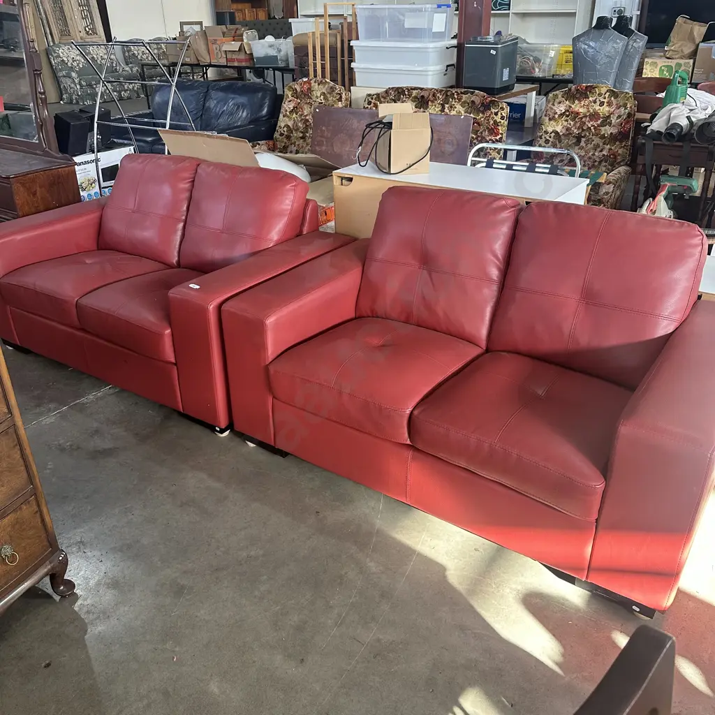 Pr of tidy Red leather sofas Image 1++