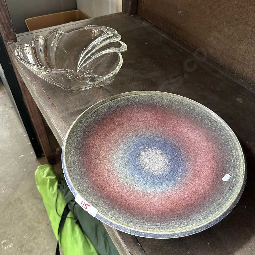 37cm Pottery platter signed db plus glass bowl Image 1++