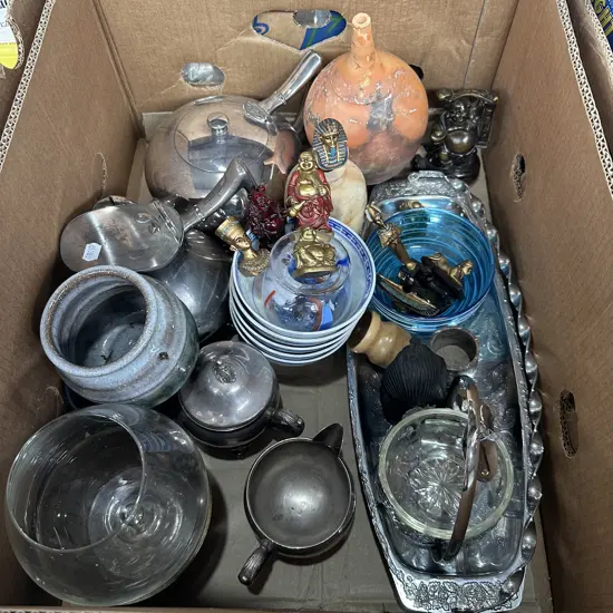 Silverware pottery and miniture buddhas etc