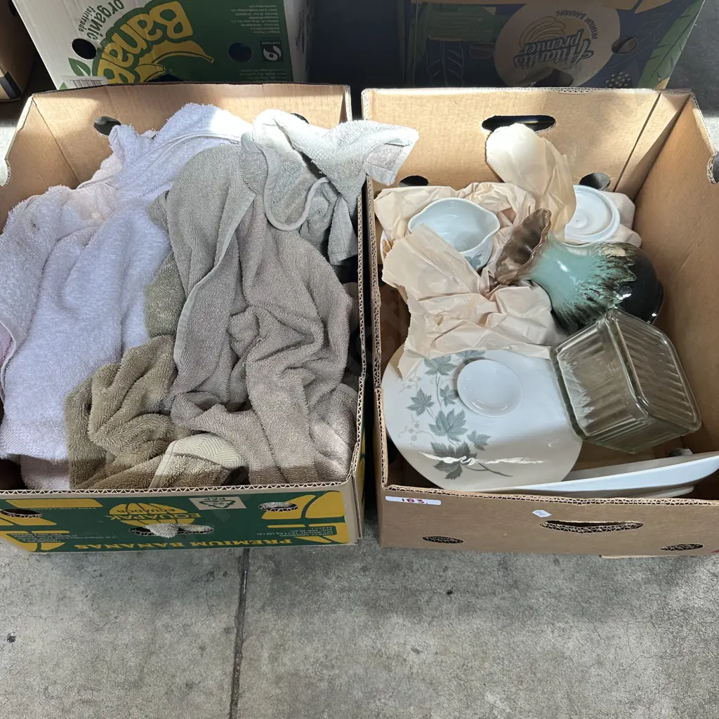 2 Boxes, Noritake dinnerware and towels etc Image 1++