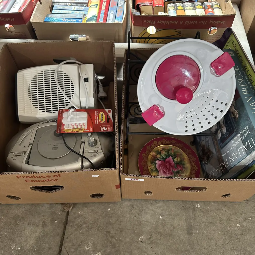 2 Boxes radio, fan heater, salad spinner, magazine rack etc Image 1++