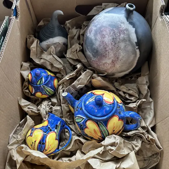 Box Pottery, colourful tea pot etc