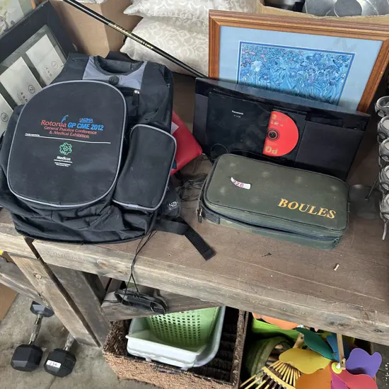 Bags, pictures, radio, boules etc