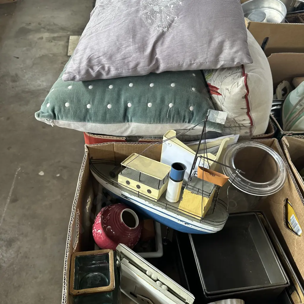 2 Boxes Cushions, model boat etc Image 1++