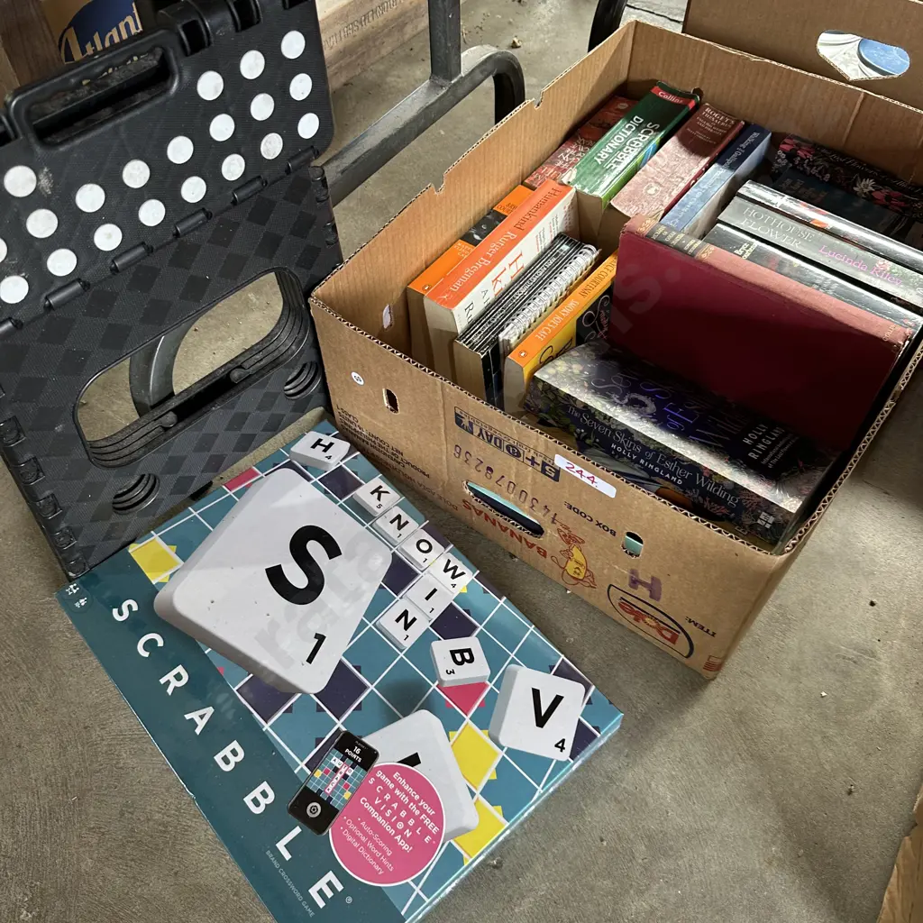 Box of books, folding step and new scrabble game Image 1++