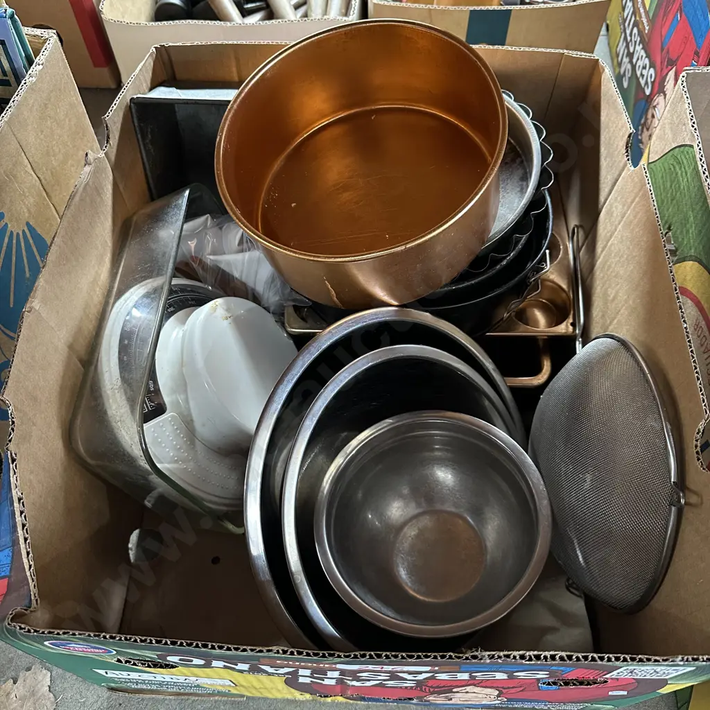 Box of baking tins, scales and stainless bowls etc Image 1++