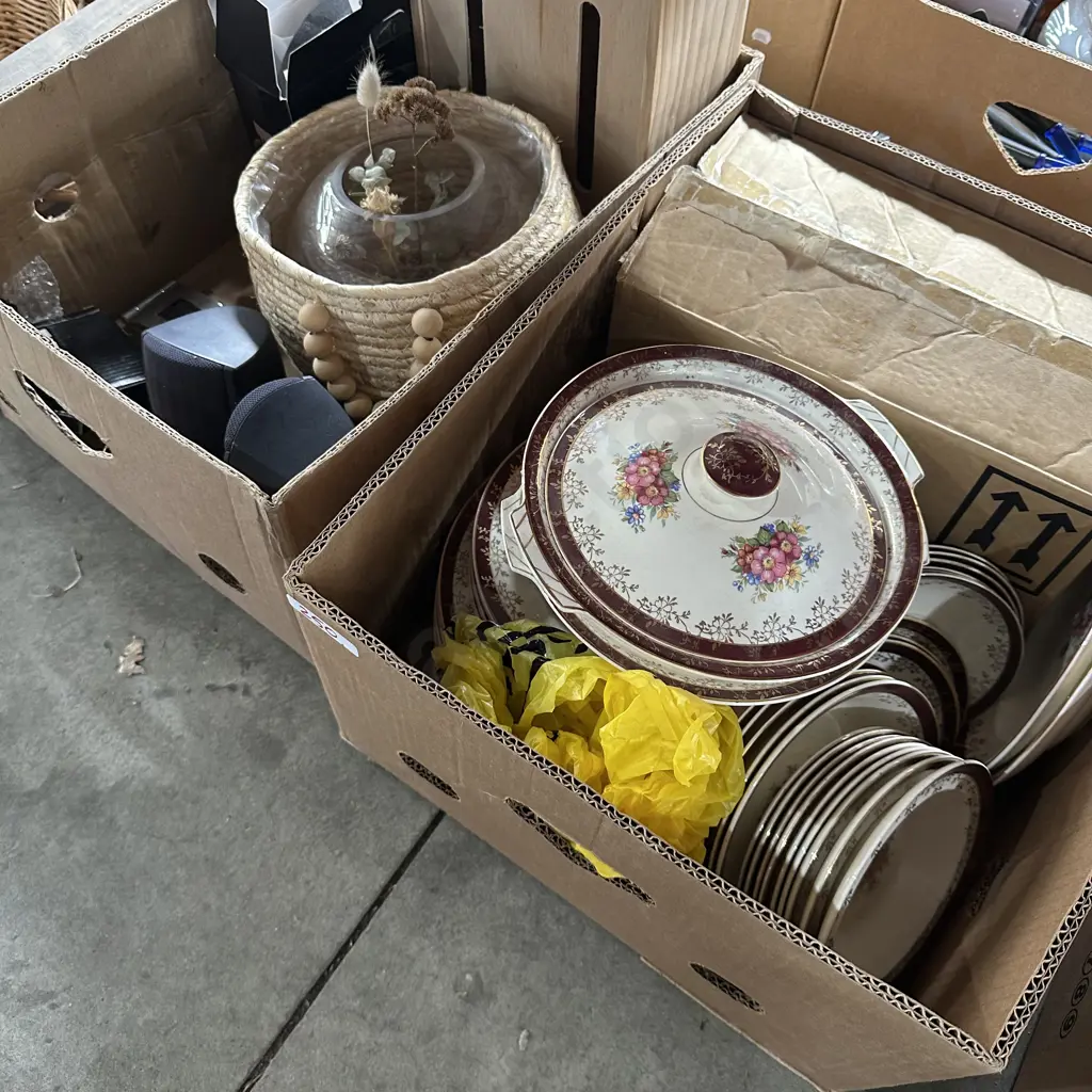 2 Boxes of dinnerware, headphones etc Image 1++