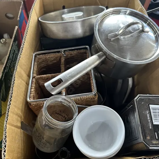 Box lot including stainless steel induction pot etc