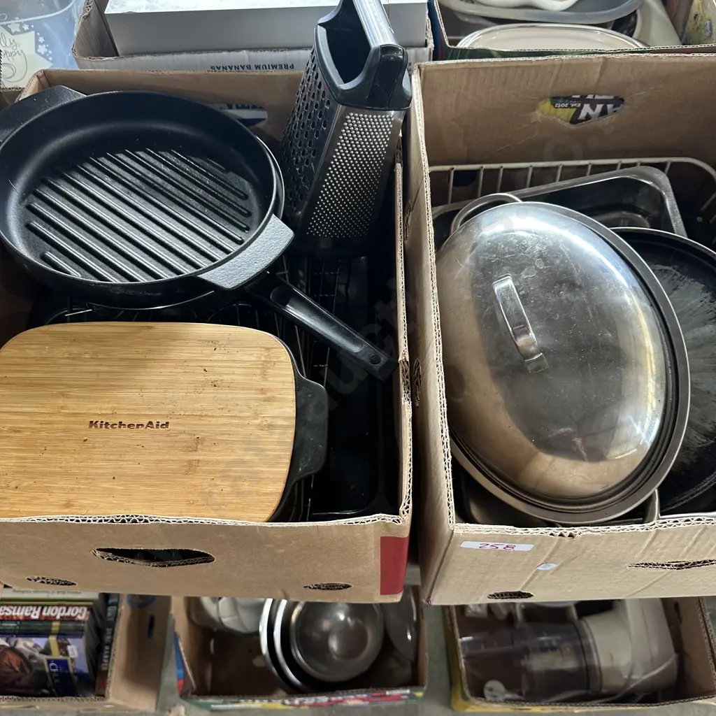 2 Boxes of bakeware, knives etc Image 1++