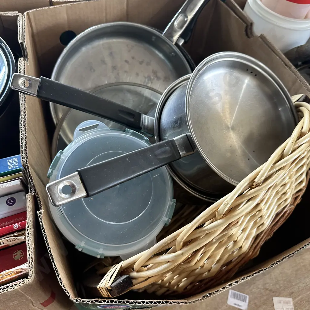 Pots, pans and cane basket etc Image 1++