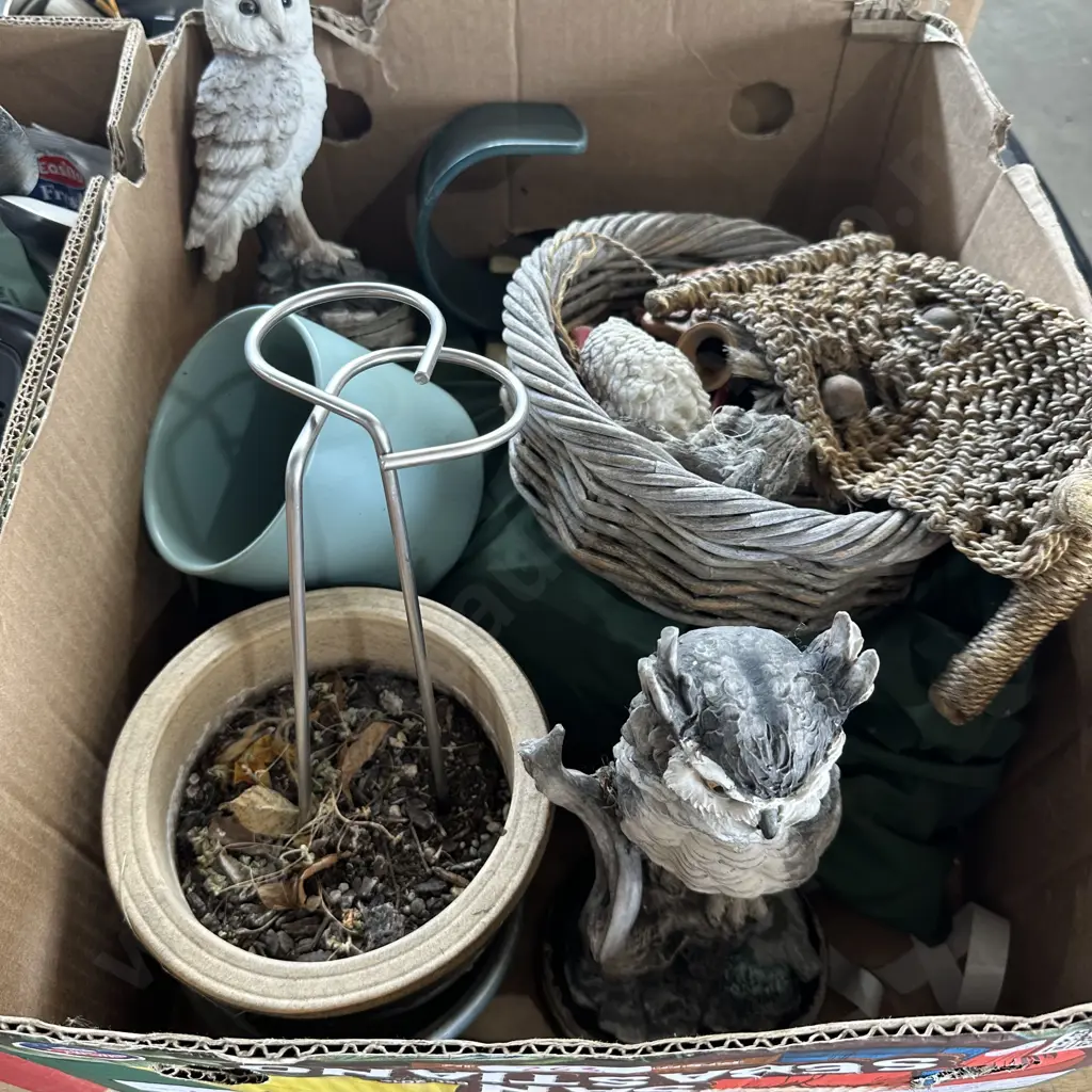 Box lot including garden owls etc Image 1++