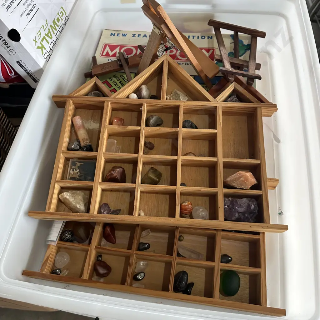 Large bin with lid, monopoly game, small easels, 2 wall shelves and contents. Image 1++