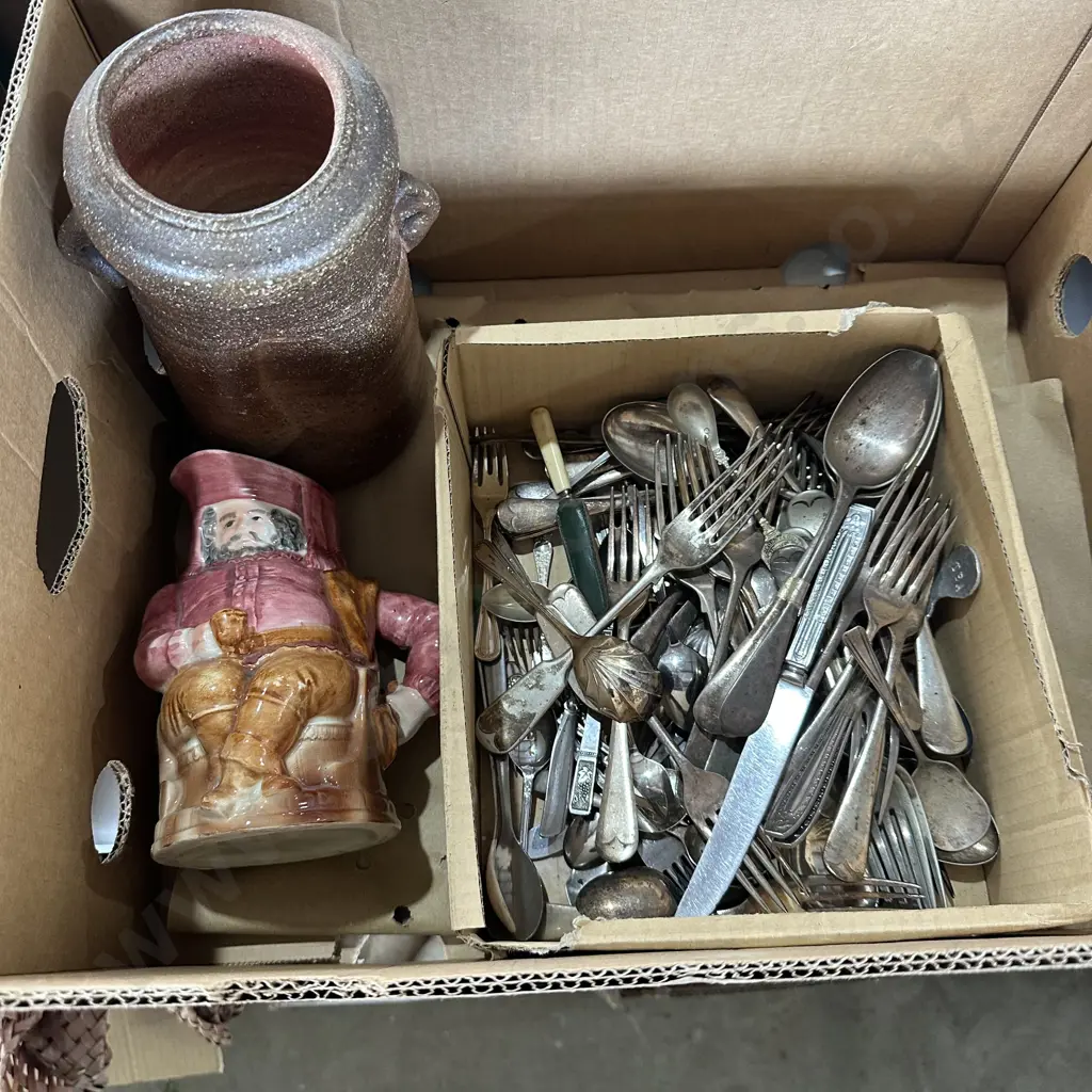 Box of cutlery, pottery and china vases Image 1++